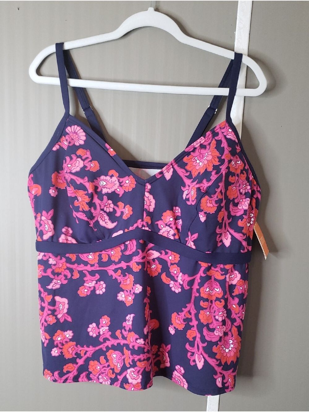 Lands' End Navy Tankini Swim Top with Pink and Coral Floral Print